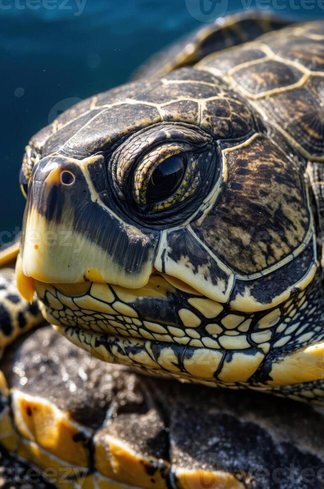 Close-up of a turtle showcasing its intricate shell and eye details. photo