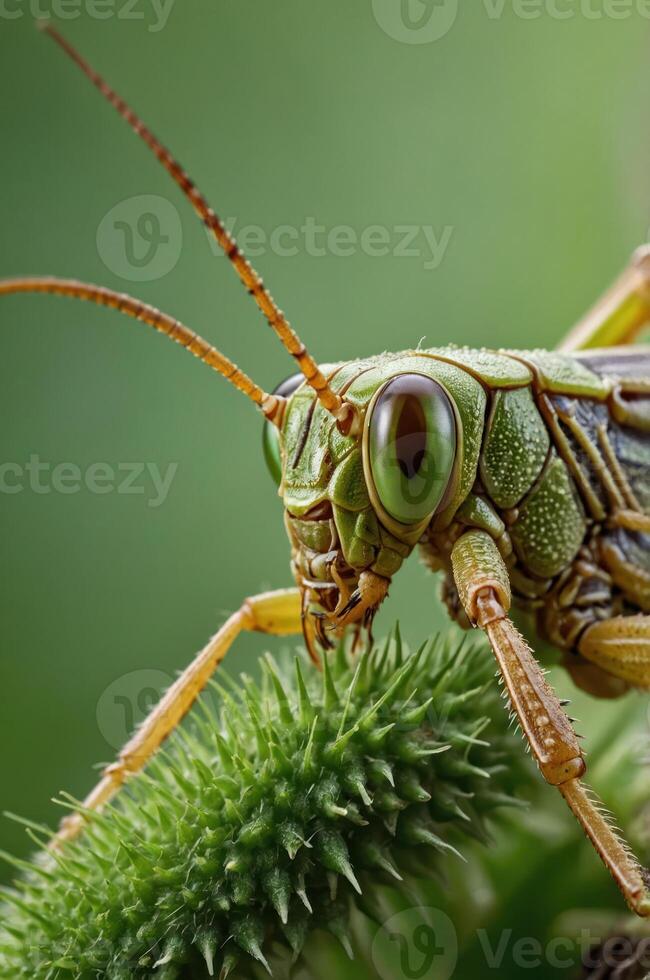 A close-up of a green grasshopper perched on a plant, highlighting its detailed features. photo