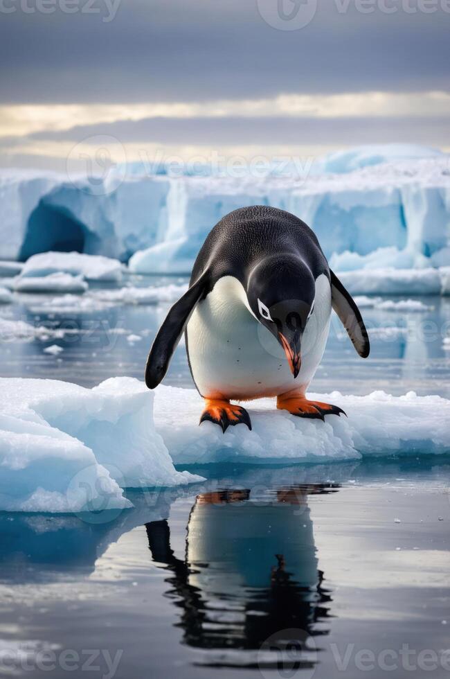 A penguin stands on an ice floe, reflecting in the water, amidst a serene icy landscape. photo
