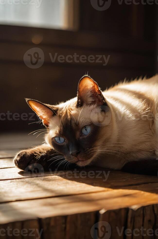 A serene Siamese cat resting on a wooden surface, illuminated by soft sunlight. photo
