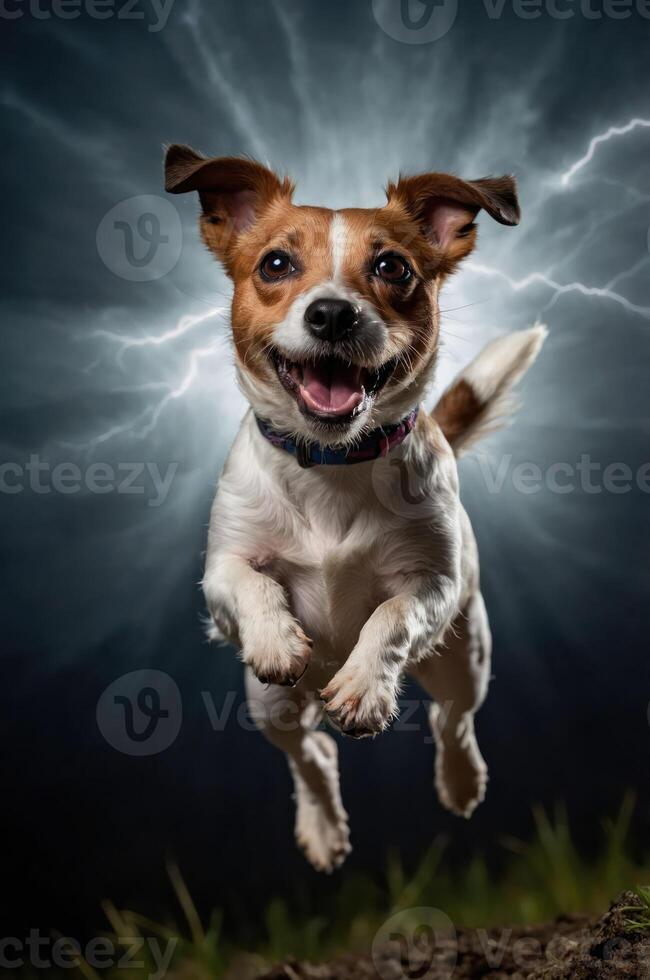 A joyful dog leaps in mid-air against a dramatic lightning backdrop. photo