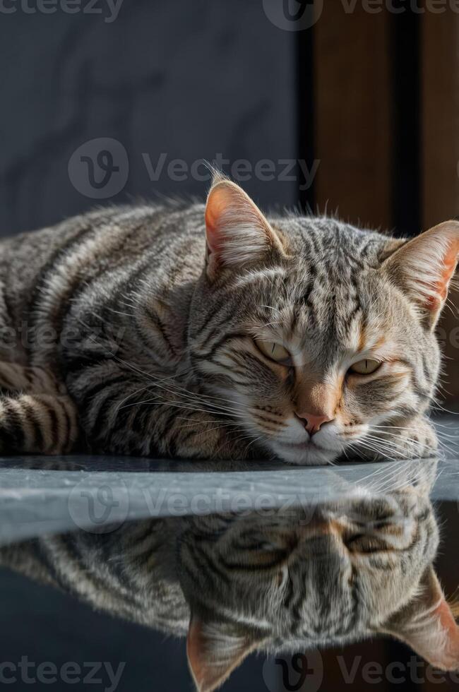 A relaxed tabby cat lying on a reflective surface, showcasing its sleek fur and calm demeanor. photo