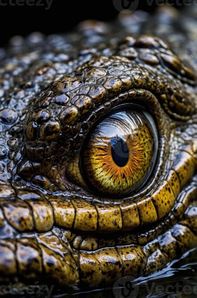 Close-up of a crocodile's eye showcasing intricate textures and vibrant colors. photo