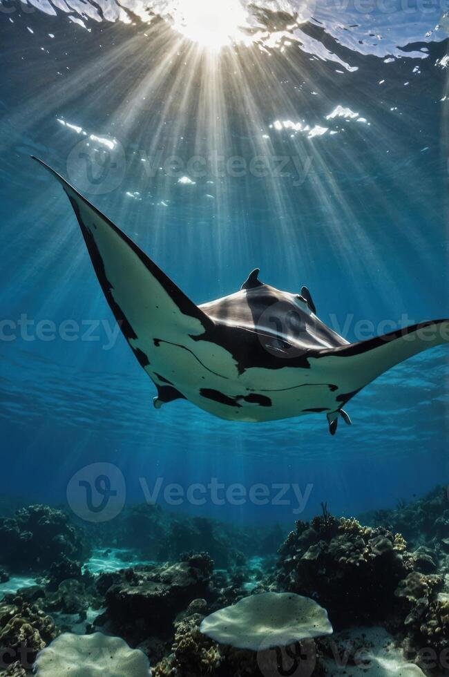 A majestic manta ray glides gracefully through sunlit waters above a vibrant coral reef. photo