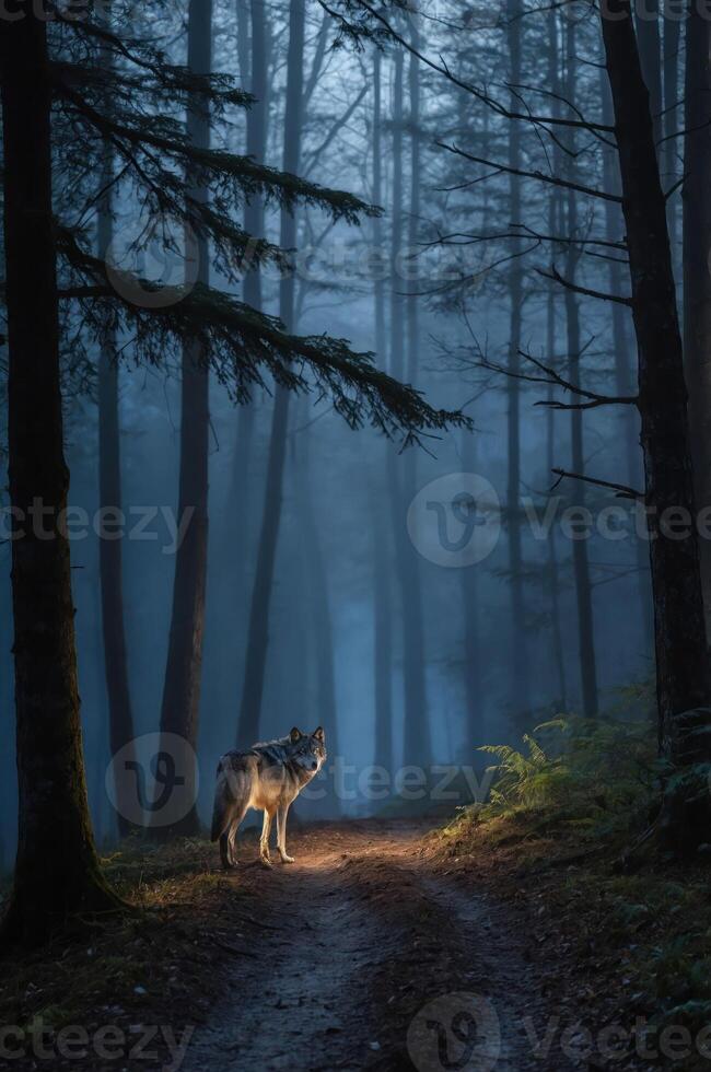 A wolf stands on a misty forest path, illuminated by soft light, creating a mysterious atmosphere. photo