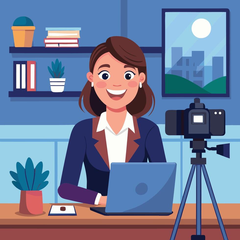 a woman in a suit is sitting at a desk with a laptop vector
