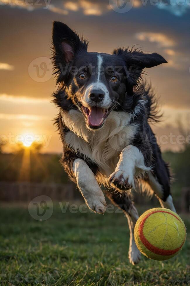 A playful dog leaps towards a yellow ball during sunset, showcasing joy and energy. photo