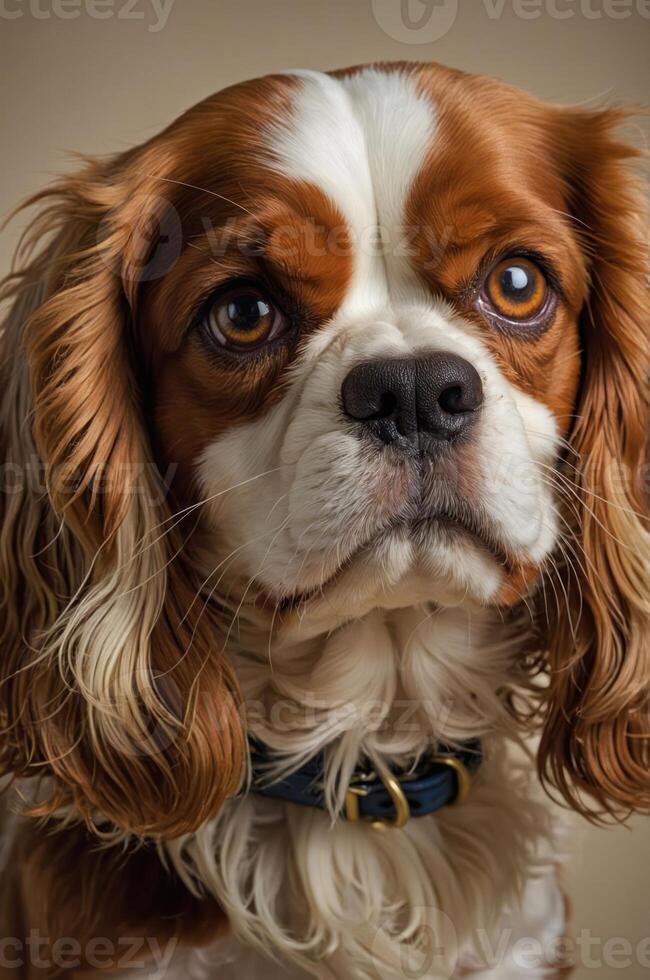 A close-up portrait of a Cavalier King Charles Spaniel with expressive eyes. photo