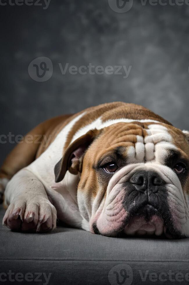 A resting bulldog lying on a gray surface with a calm expression. photo