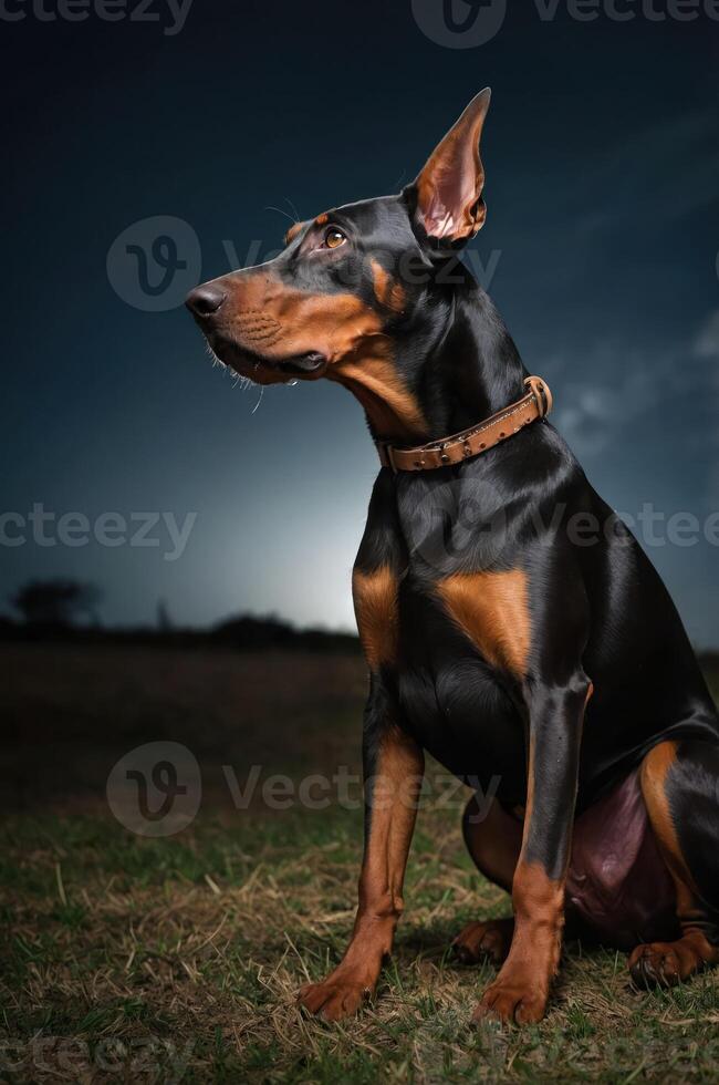 A profile shot of a Doberman sitting in a grassy field against a dramatic sky. photo