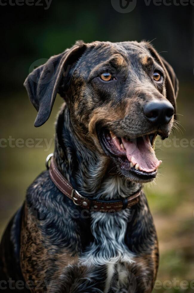 A close-up of a happy, brindle-patterned dog with bright eyes and a joyful expression. photo