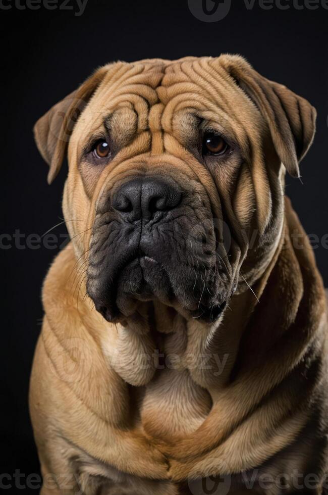 A close-up portrait of a Shar Pei dog with distinct wrinkles and a serious expression. photo