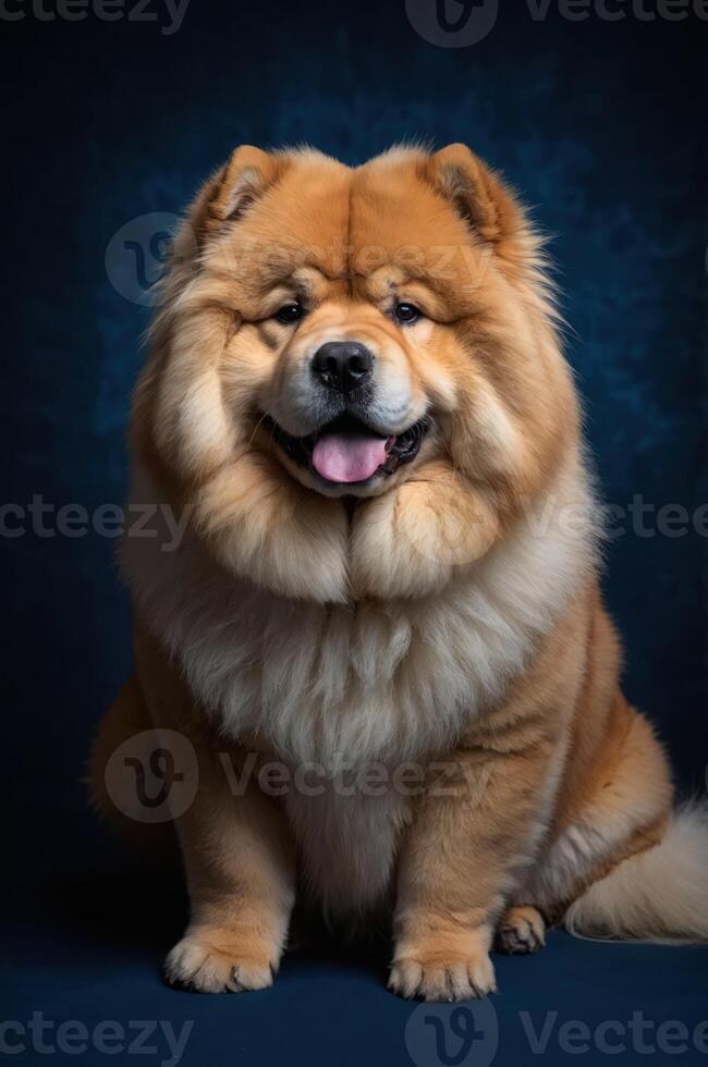 A fluffy Chow Chow dog sitting against a dark blue backdrop, showcasing its vibrant coat. photo