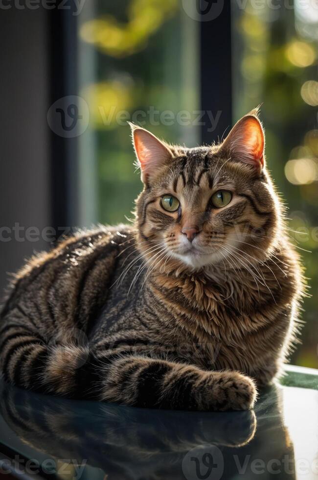 A tabby cat lounging gracefully on a surface, illuminated by soft natural light. photo