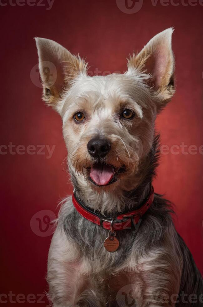 A close-up portrait of a dog with large ears and a playful expression against a red background. photo