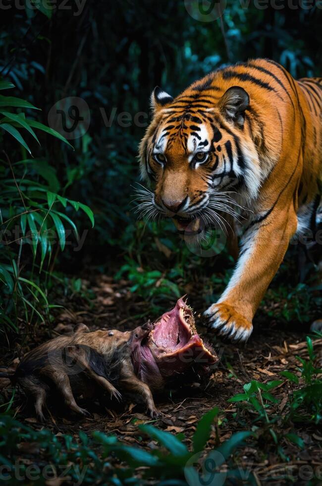 A tiger approaches a carcass in a dense jungle, showcasing the raw nature of wildlife. photo