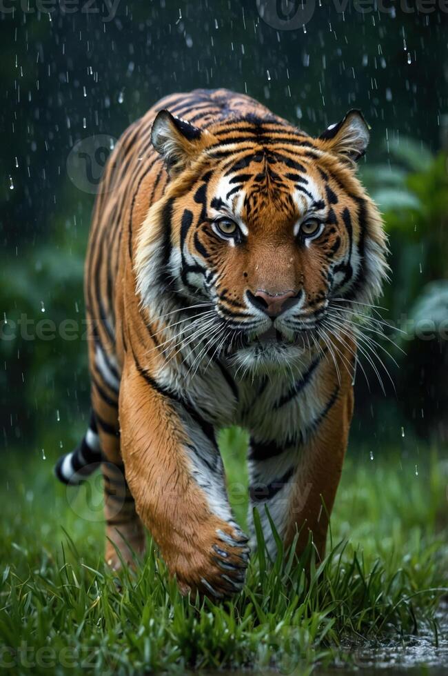 A majestic tiger walking through grass in the rain, showcasing its beauty and strength. photo