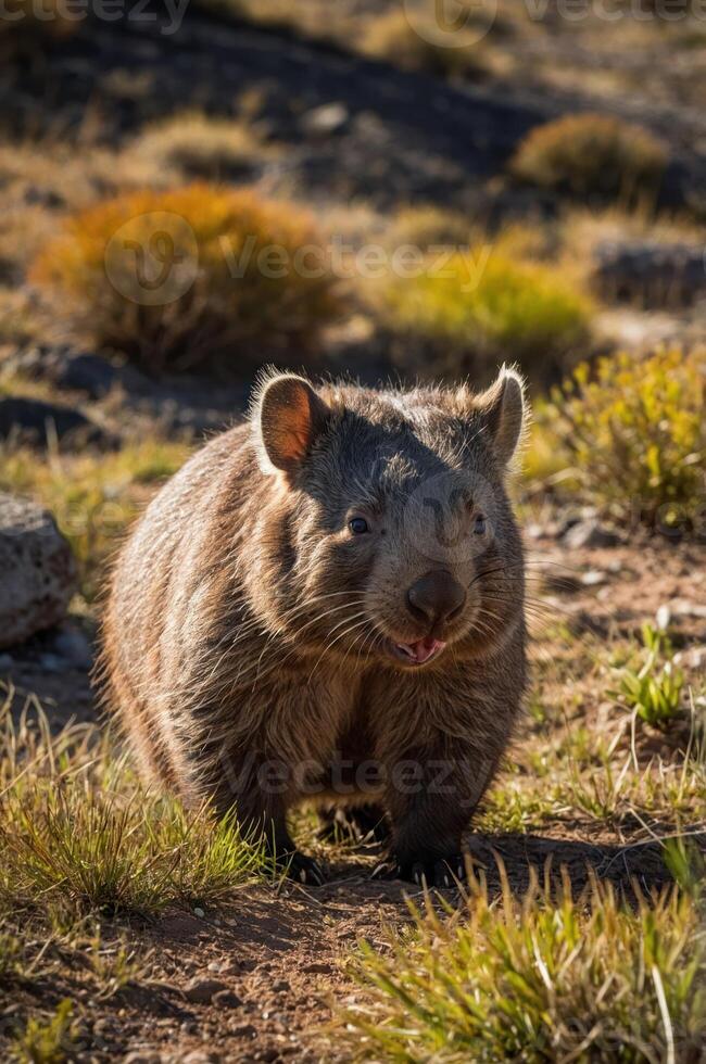 A close-up of a waddling wombat in a natural setting with grass and rocks. photo