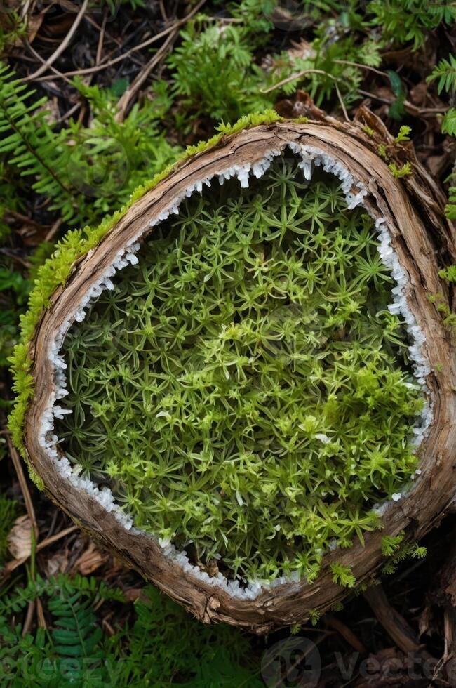 A cross-section of a tree trunk covered with vibrant green moss and white frost. photo