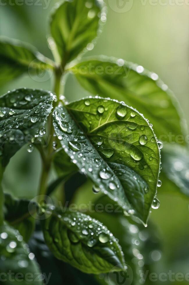 Close-up of green leaves with water droplets, showcasing nature's beauty and freshness. photo