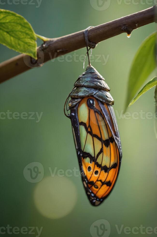 A close-up of a butterfly chrysalis hanging from a branch, showcasing its vibrant colors. photo