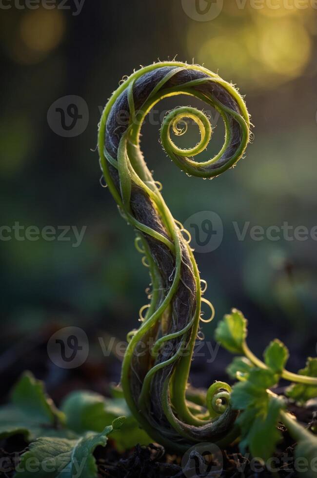 A close-up of a spiraling fern frond with dew drops, showcasing nature's intricate design. photo