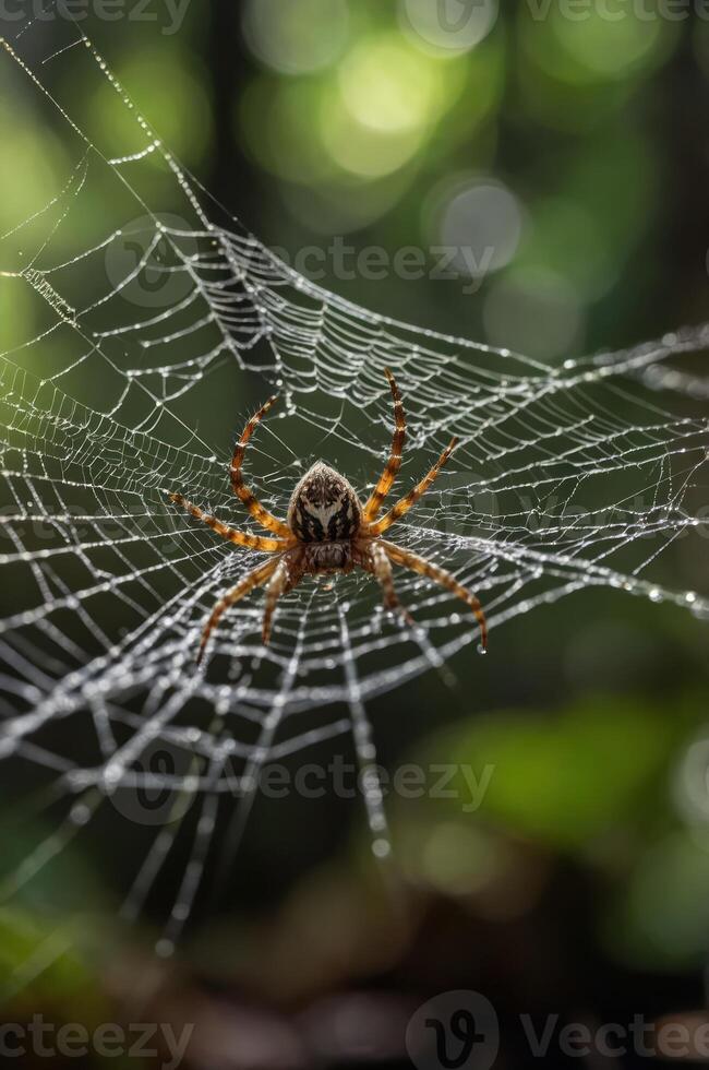 A close-up of a spider in its intricate web, glistening with dew in a natural setting. photo