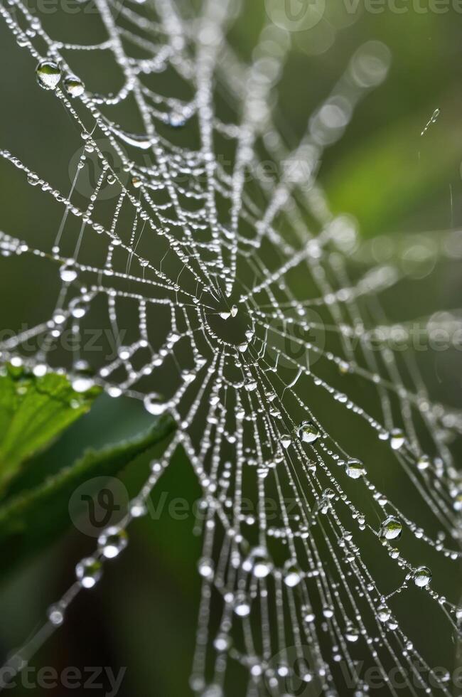 A close-up of a dew-covered spider web glistening in natural light. photo
