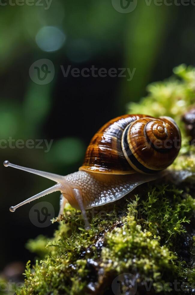 A close-up of a snail on moss, showcasing its spiral shell and delicate antennae. photo