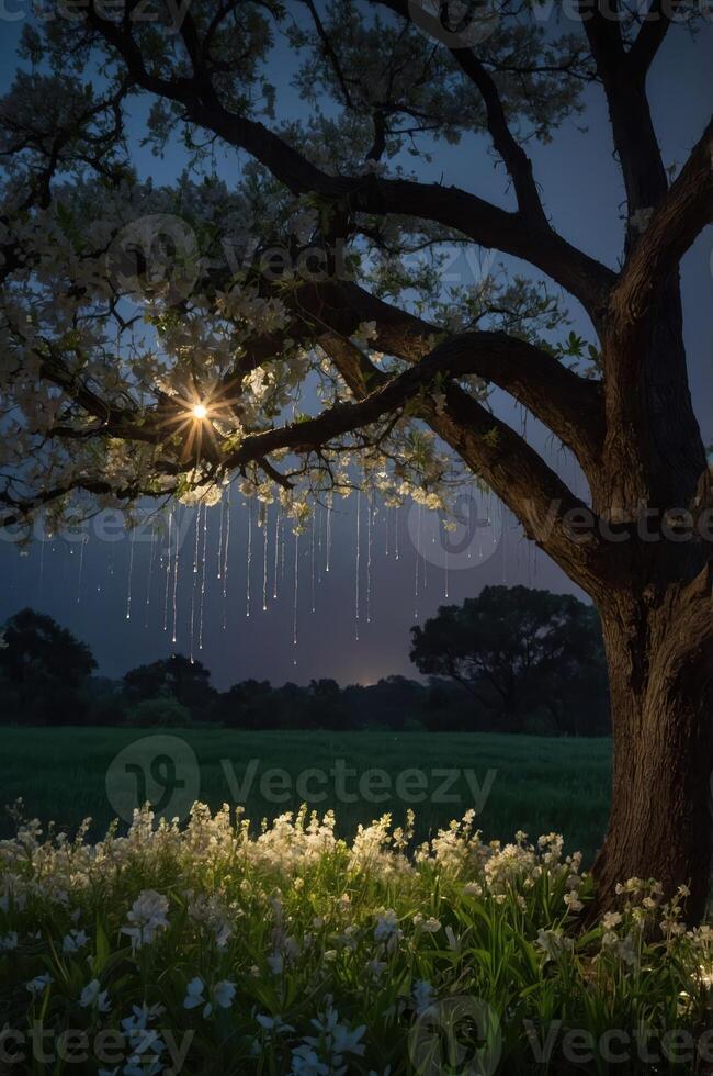 A serene night scene featuring a tree with glowing lights and flowers in a tranquil setting. photo