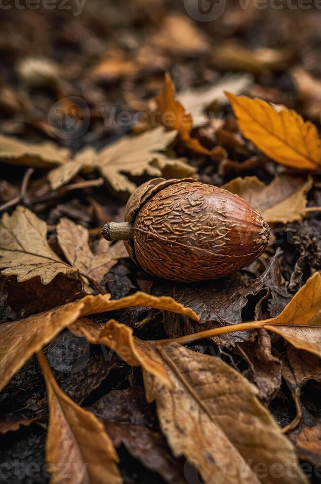 A close-up of an acorn surrounded by autumn leaves on the forest floor. photo
