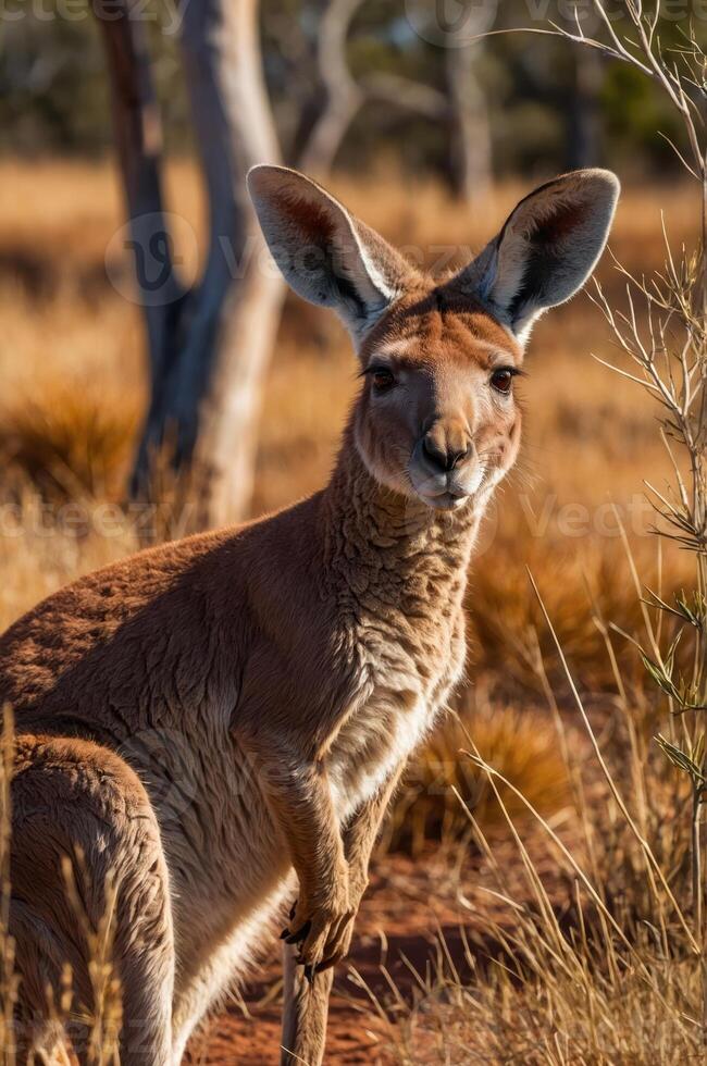 A kangaroo stands in a natural setting, showcasing its features in a dry, grassy landscape. photo