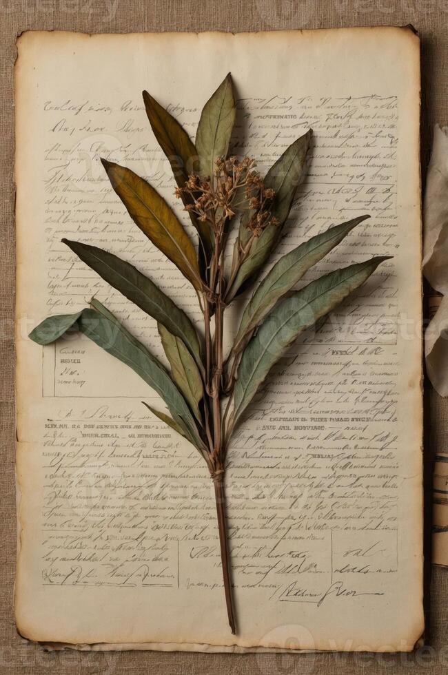 A pressed plant specimen on handwritten notes, showcasing botanical study and documentation. photo