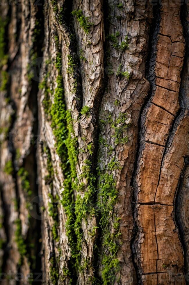 Close-up of a tree bark with moss, showcasing natural textures and colors. photo
