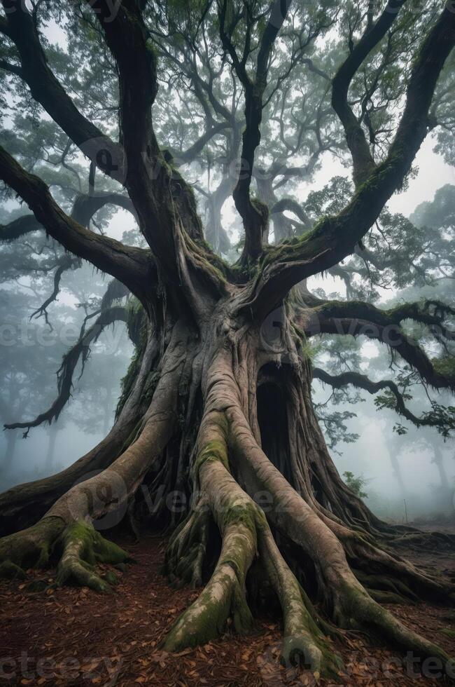 A majestic tree with sprawling roots and branches, shrouded in mist. photo