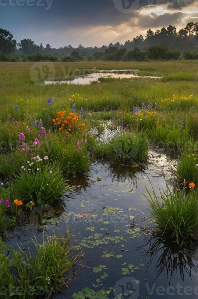 A serene wetland scene with vibrant flowers and reflections in calm water. photo
