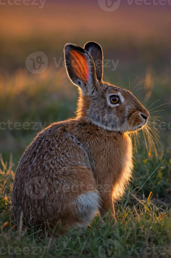 A side profile of a brown rabbit sitting in a grassy field during sunset. photo