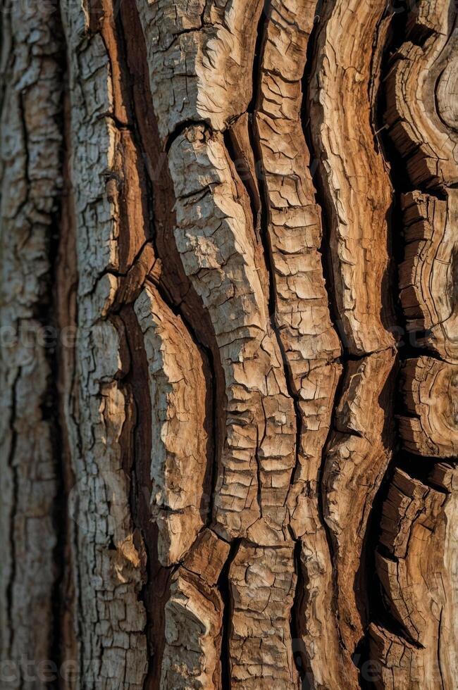 Close-up of a textured tree bark showcasing natural patterns and colors. photo