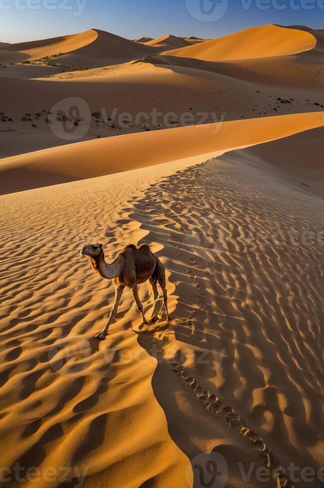 A camel traverses golden sand dunes under a warm sunset, showcasing desert beauty. photo