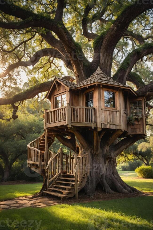 A charming wooden treehouse nestled in a large tree, surrounded by greenery and sunlight. photo