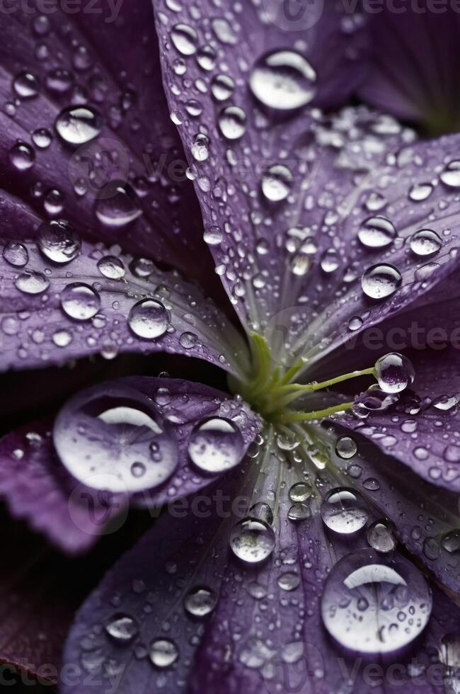 Close-up of a purple flower petal adorned with water droplets. photo