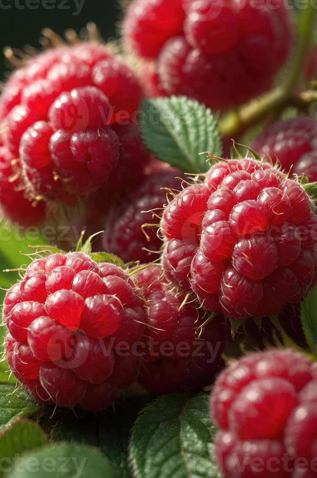 Close-up of fresh, ripe raspberries on green leaves, showcasing their vibrant color and texture. photo