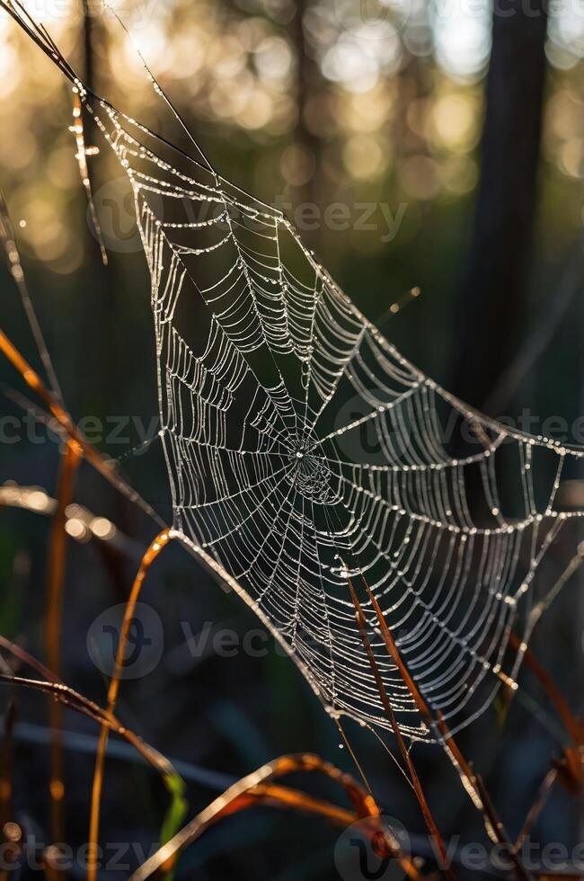 A close-up of a spider web glistening with dew in a natural setting. photo