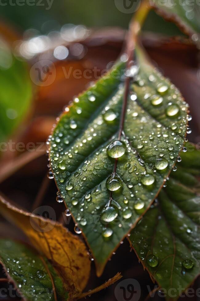 A close-up of a green leaf adorned with water droplets, showcasing nature's beauty. photo
