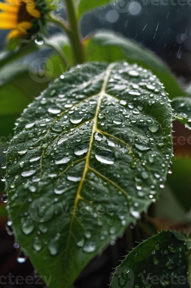 A close-up of a leaf covered in water droplets, showcasing nature's beauty and detail. photo