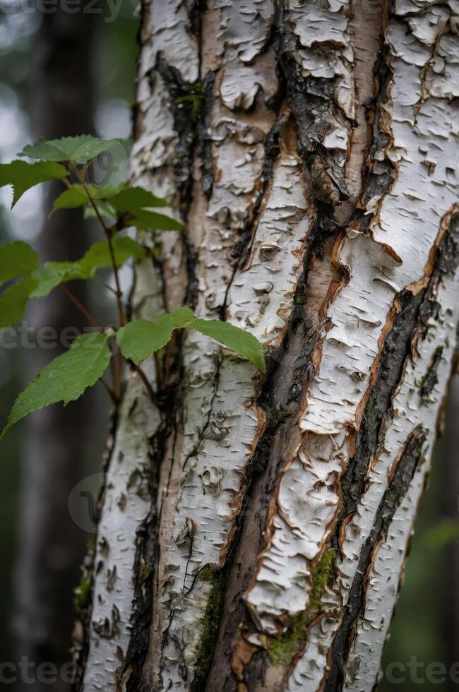 Close-up of a birch tree trunk showcasing its textured bark and green leaves. photo