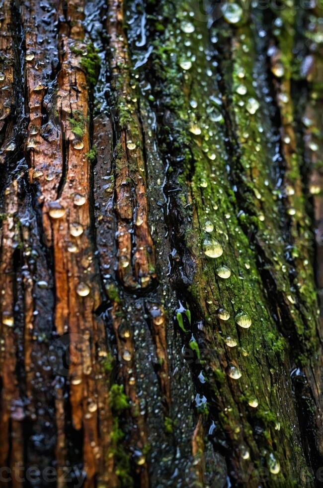 Close-up of textured tree bark with droplets of water and green moss. photo