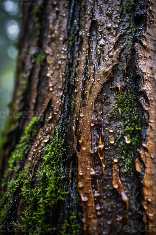 Close-up of a wet tree trunk with moss and droplets, showcasing nature's textures. photo