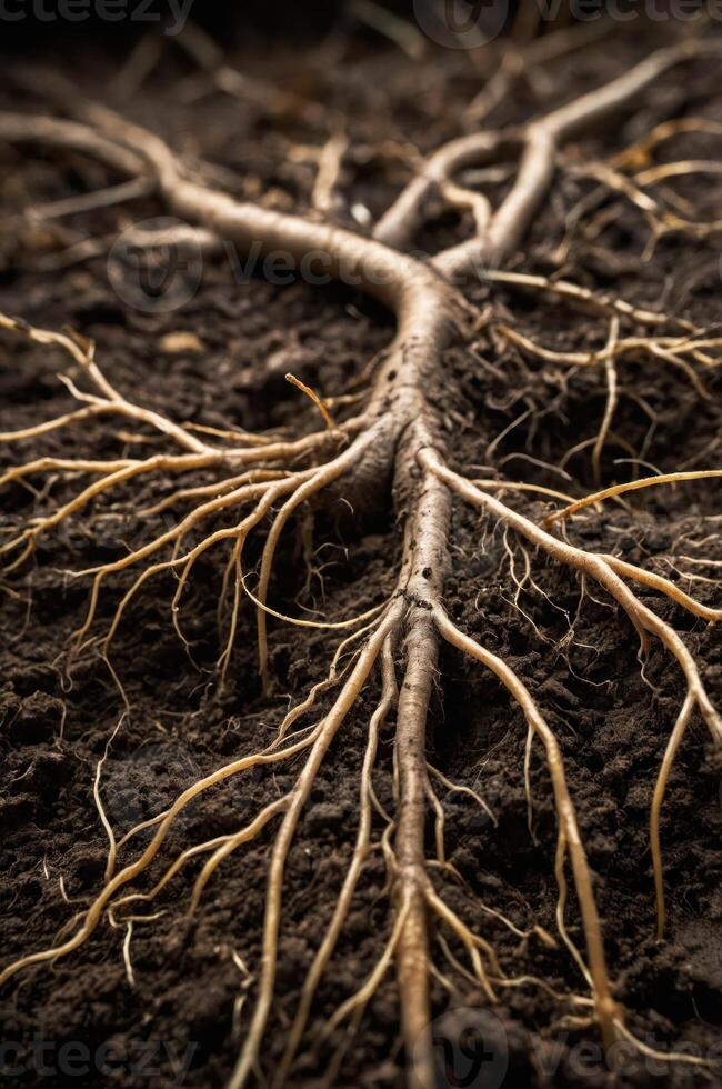 Close-up of intricate tree roots in dark soil, showcasing their structure and growth. photo