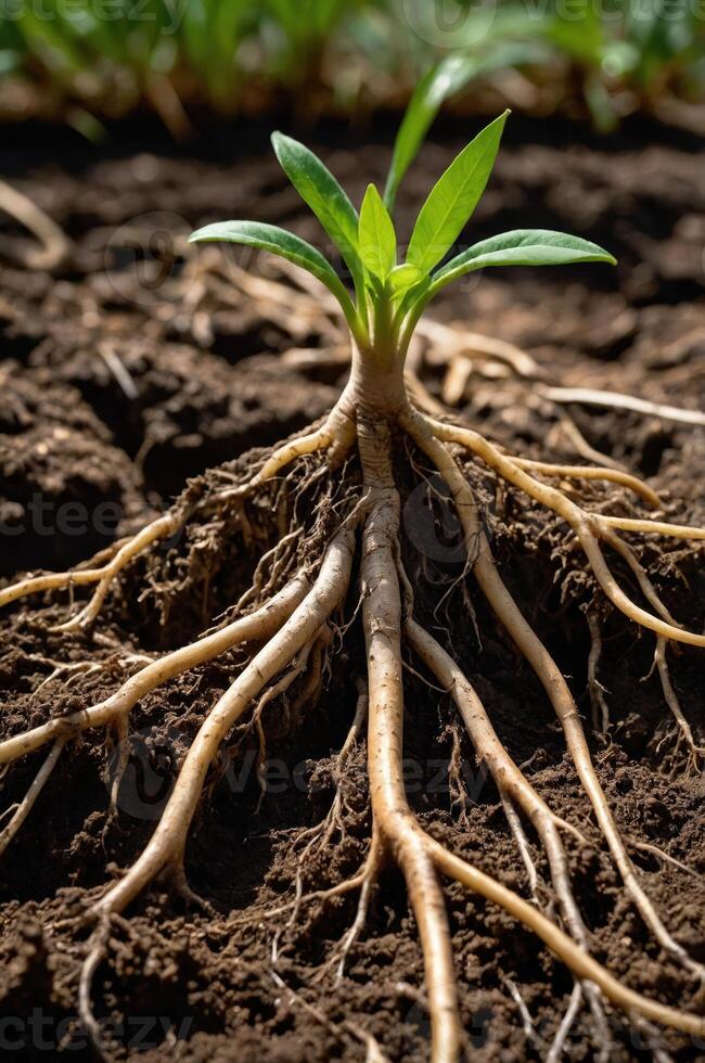 A close-up of a plant with visible roots in rich soil, showcasing growth and nature's resilience. photo